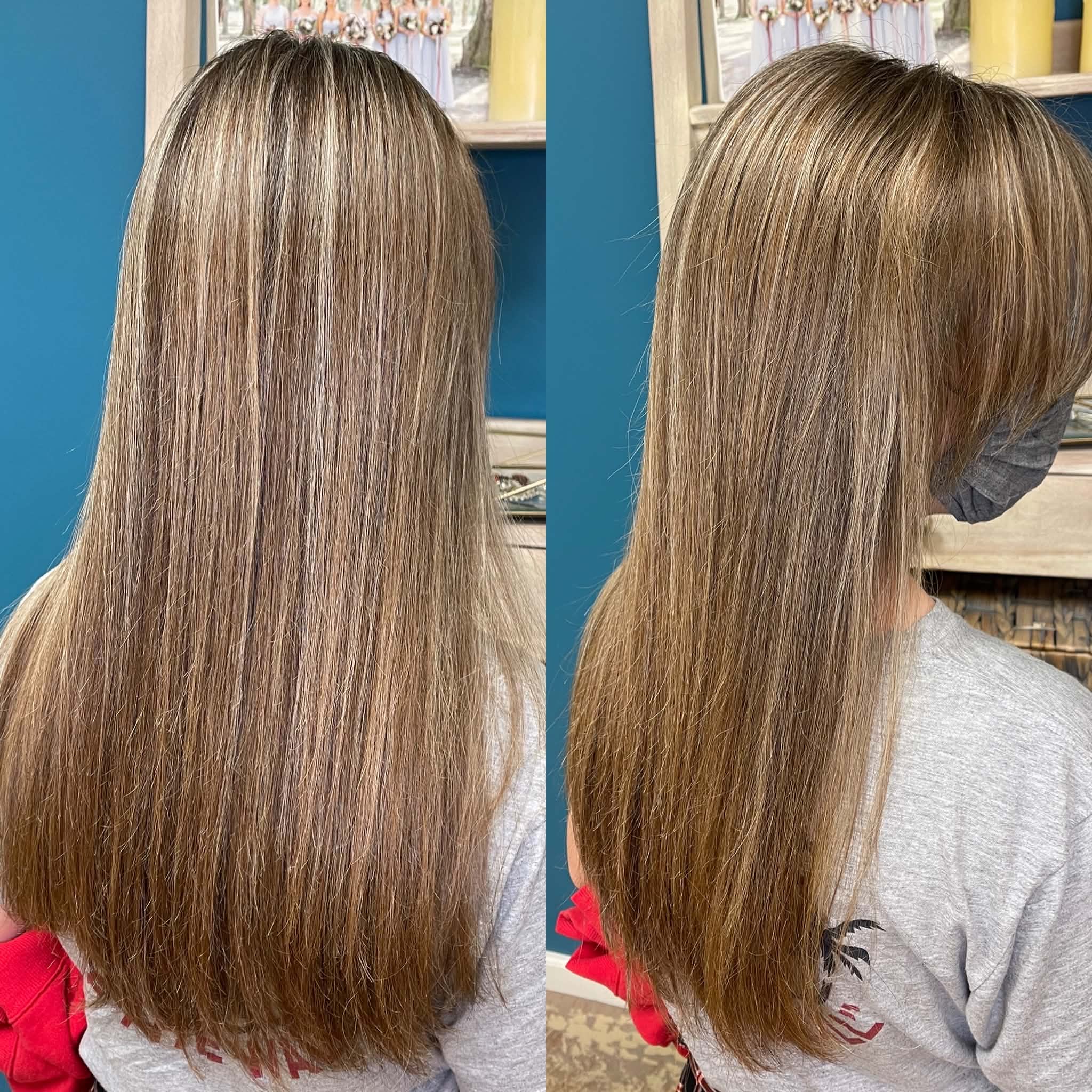 Seamlessly blended blonde highlights shown from two angles