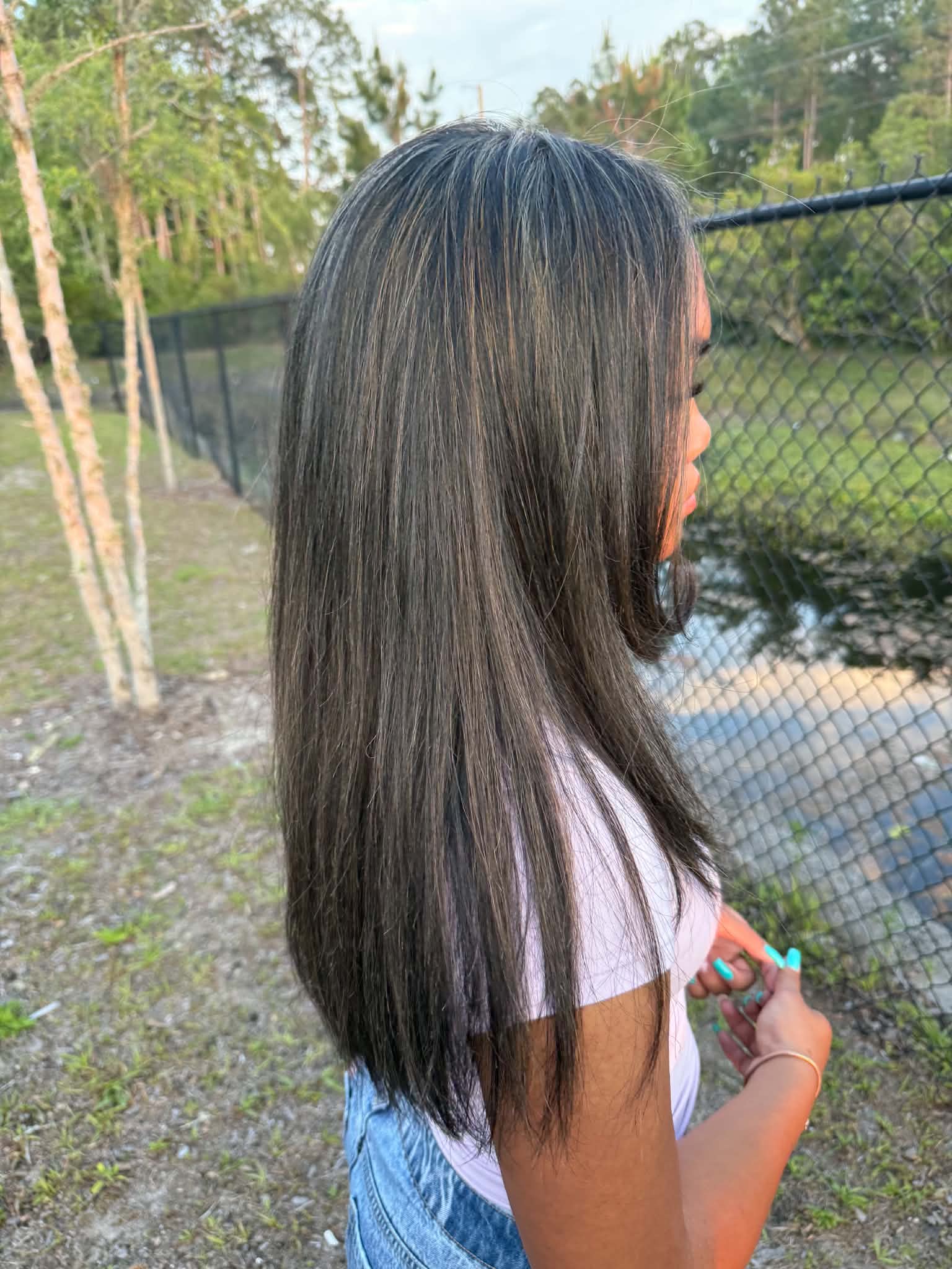 Long dark hair with naturally blended silver dimension