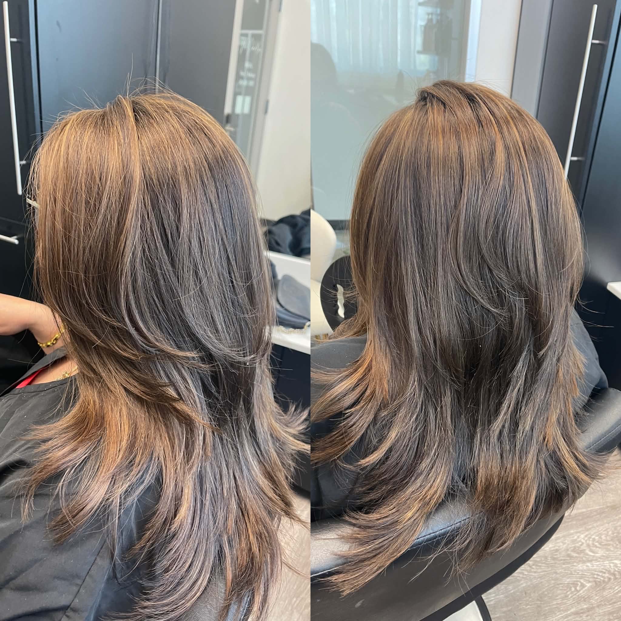 Dimensional brunette highlights shown from two finished angles