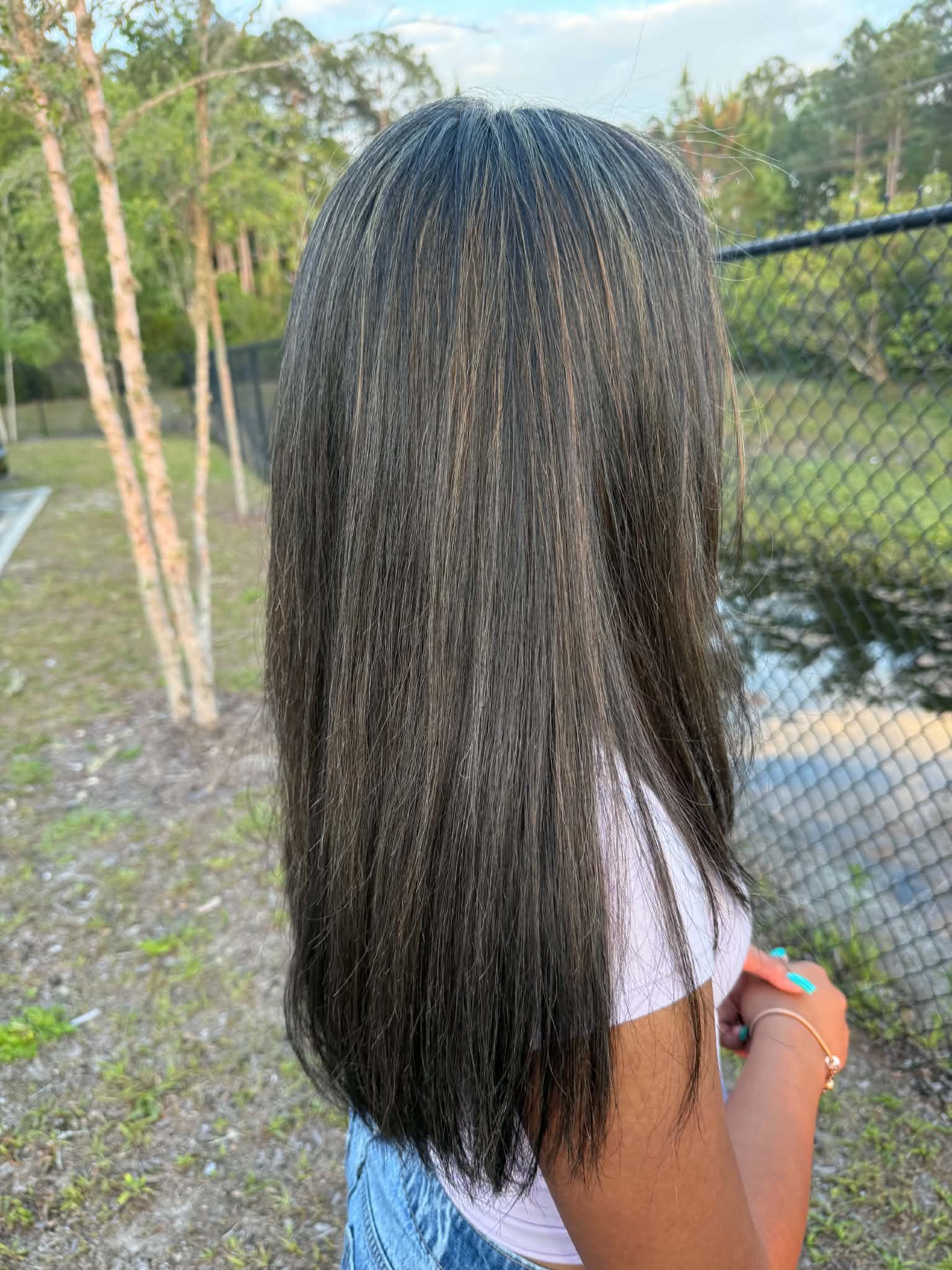 Dark hair with softly integrated gray and cool-toned highlights