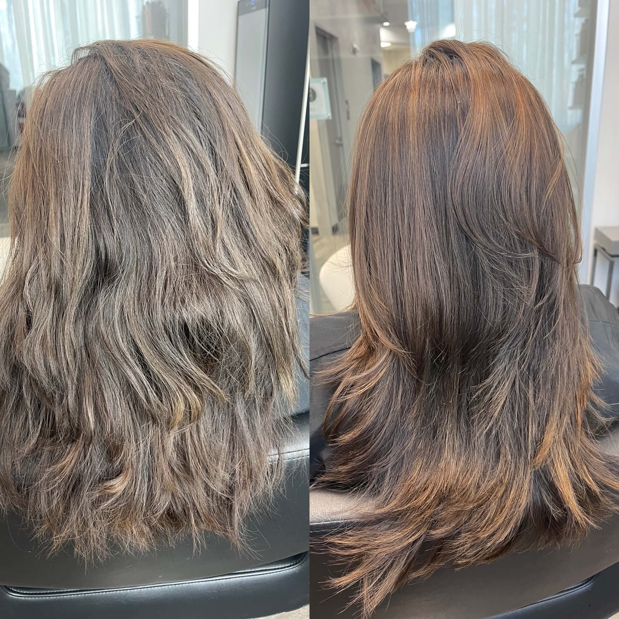 Before and after view of a dimensional brunette color transformation